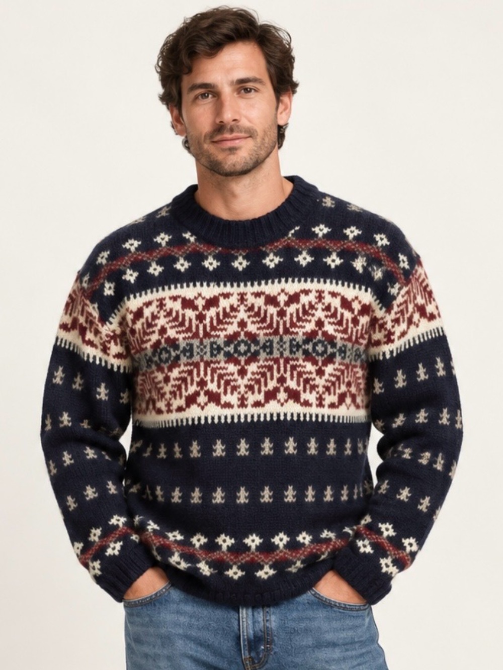 Heather & Tweed Men’s 100% Wool Fair Isle Crewneck Sweater Navy Burgundy